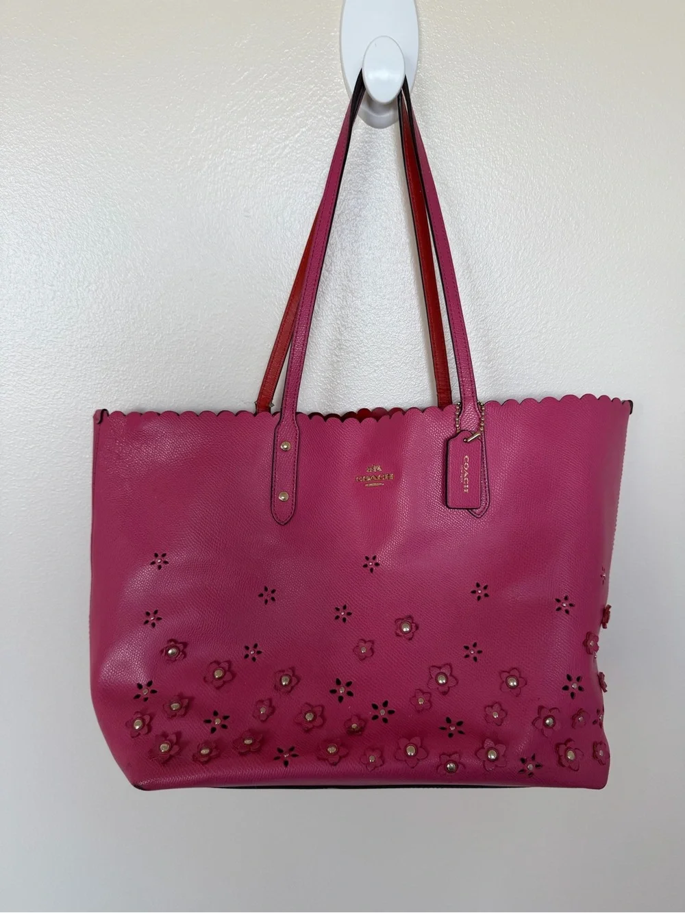 COACH Metro Fuschia Leather Tote w/ Floral Embellishments and Scalloped Top Edge